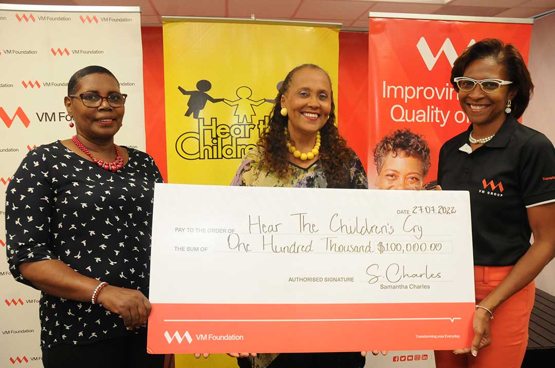 (From left) Paulette Darby, Head of School Safety & Community Outreach Programme, Hear the Children’s Cry and Betty Ann Blaine, Founder, accepts a $100,000 donation from Samantha Charles, CEO, VM Foundation, at a recent handover ceremony. The contribution was made in aid of the Missing Children’s Support Programme.